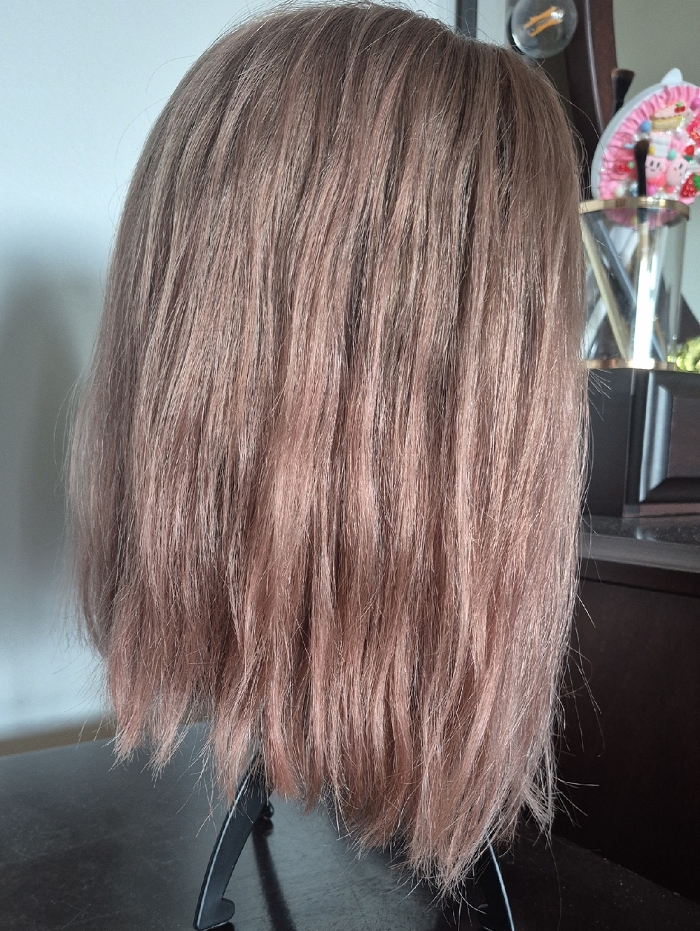 100% Human Hair Wig - Long Bob - Smokey Pink Brown Wig And Styling Set